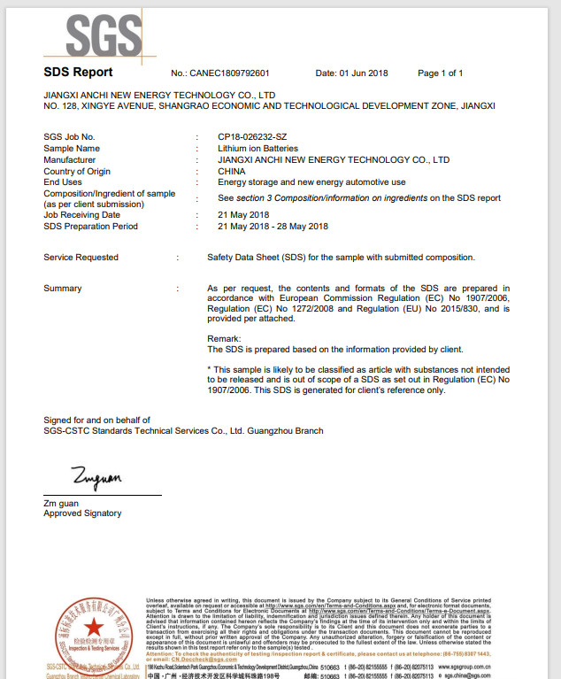Jiangxi Anchi New Energy Technology Co.,Ltd (ANC) Сертификации