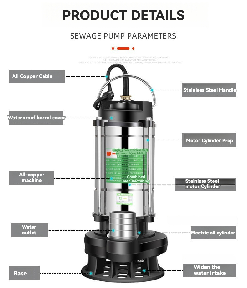 WQP Series High Lift High Flow Stainless Steel Submersible Sewage Pump Clean Water