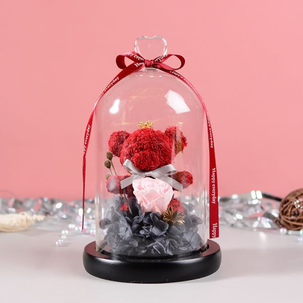 Wholesale Price Rose bear preserved roses in glass dome rose bear for lover