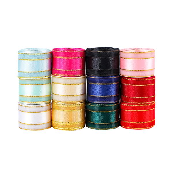 5 Yards Per Roll White Organza and Satin Ribbon With Gold Edge Roll Other Fabric Type