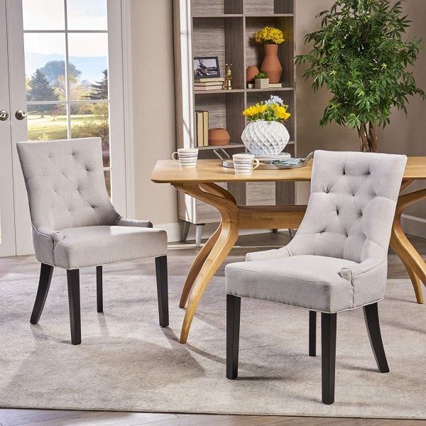 Contemporary Fabric Dining Chairs Light Gray Tufted Upholstered With Nailhead Trim