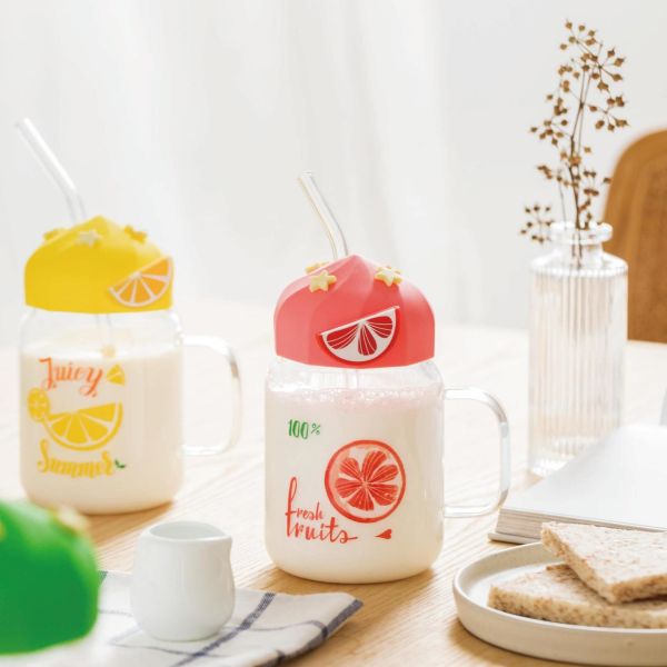 Taza de vidrio transparente de verano para fruta, taza de vidrio de alta temperatura, linda, de gran capacidad, con tapa y pajita, para estudiantes y niñas, taza para desayuno con leche