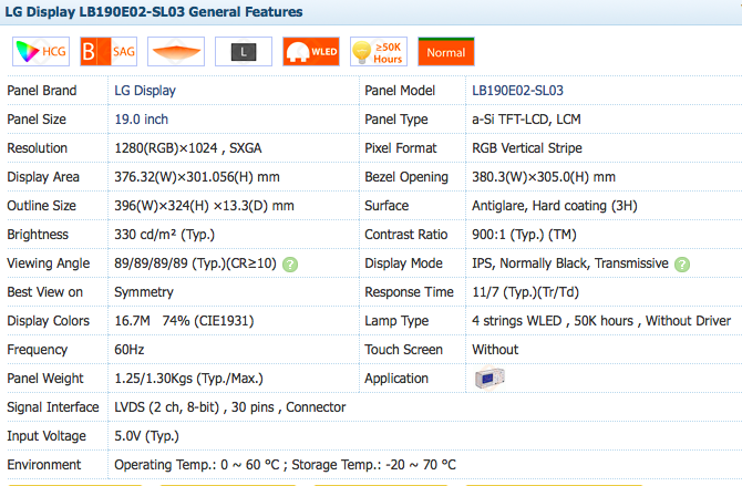High quality 19 Inch 330 nits 1280*1024 LCD Square Panel for LB190E02-SL03