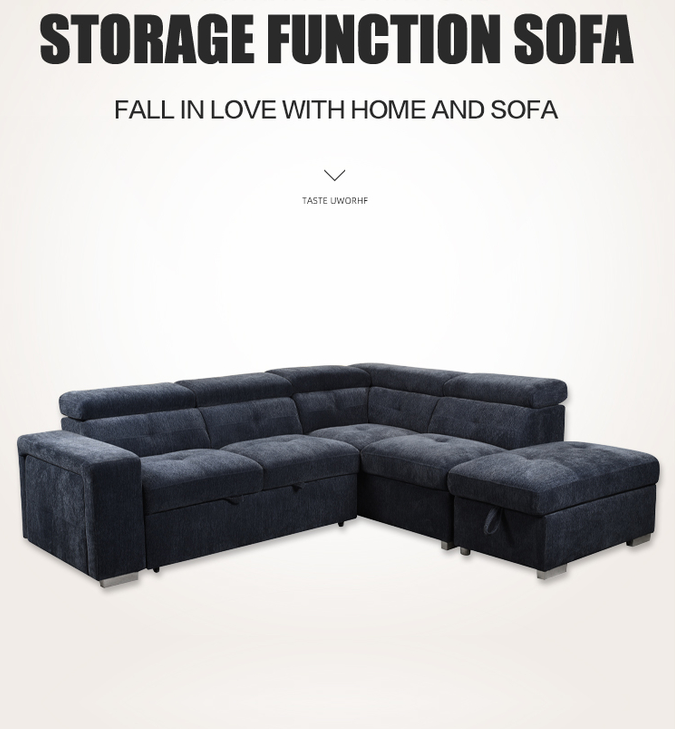 European new arrival dark blue single futon with storage 2seater+chaise chenille fabric shaped sleeper sofa bed sofa cum