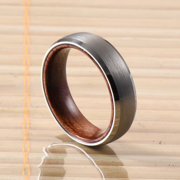 Tungsten Ring Men's Women's 6mm Silver or Black Plated Wedding Engagement Band Rose Wood Inside Beveled Edges Comfort Fit