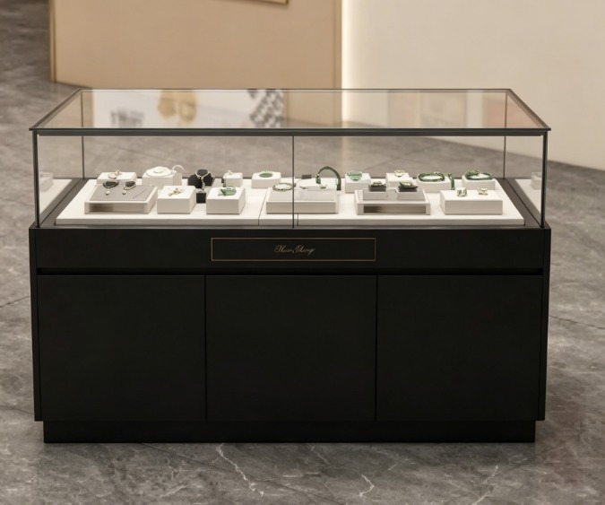 Luxury Black Jewelry Display Cabinet with LED Lighting and Tempered Glass Counter Customizable for Retail Shops