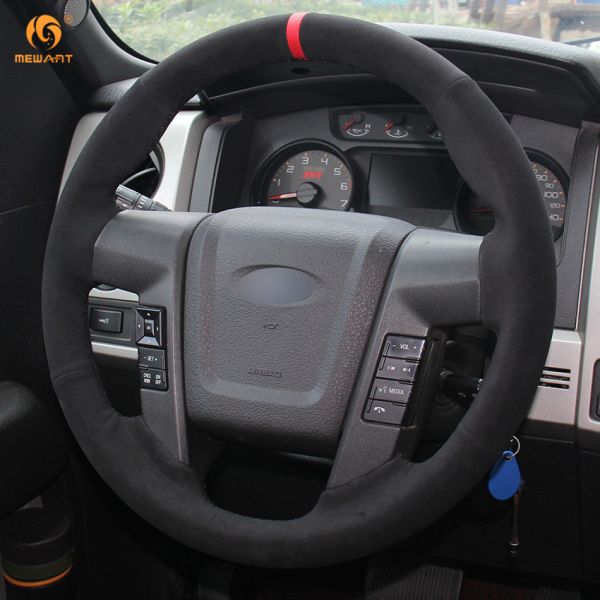 Hand Sewing Stitching Black Suede Red Stripe Steering Wheel Cover for Ford F150 F-150