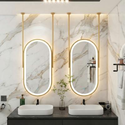 Kingstin Luxury Oval Ceiling Hanging LED Mirror Gold Brushed Frame, Smart Touch Switch Anti-Fog Suspension Bath Mirror