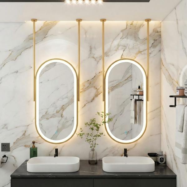 Kingstin Luxury Oval Ceiling Hanging LED Mirror Gold Brushed Frame, Smart Touch Switch Anti-Fog Suspension Bath Mirror