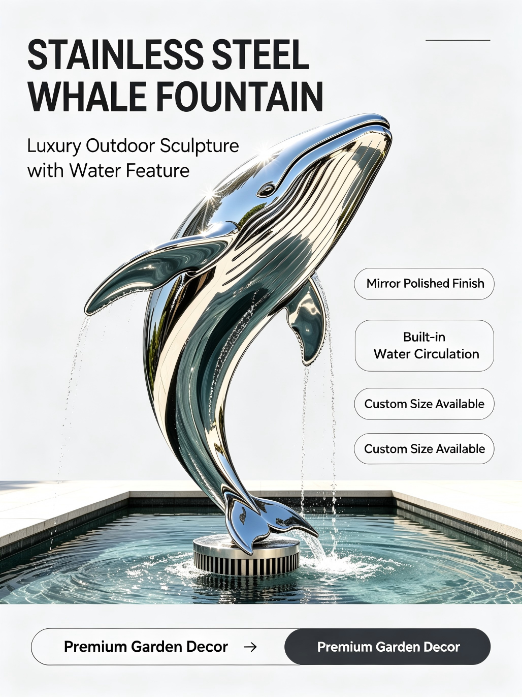 Mirror Polished Stainless Steel Whale Fountain Sculpture with Circulating Water System and Customizable Design