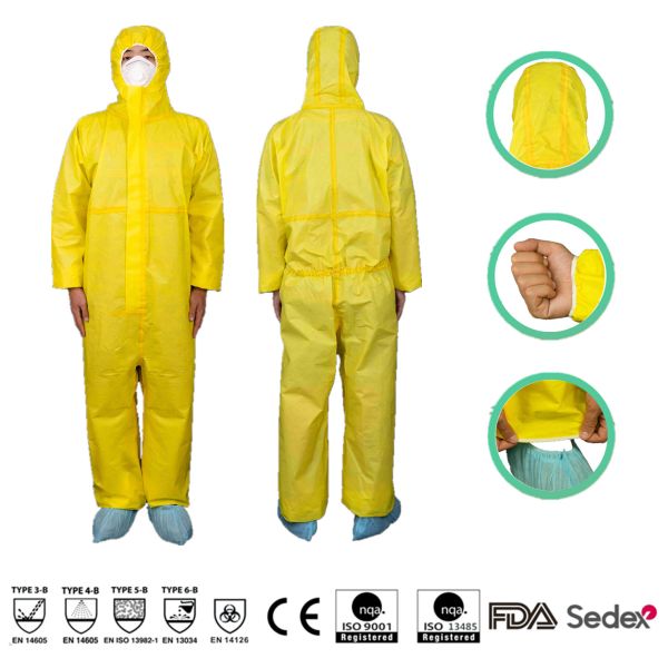 Type 3B Yellow Disposable PP PE Protective Coverall With Hood Anti Static Pass EN14126
