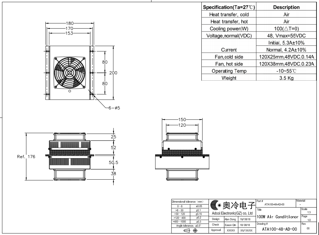 100W 48VDC Peltier Thermoelectric Cabinet Air Conditioner，Has obtained CE certification