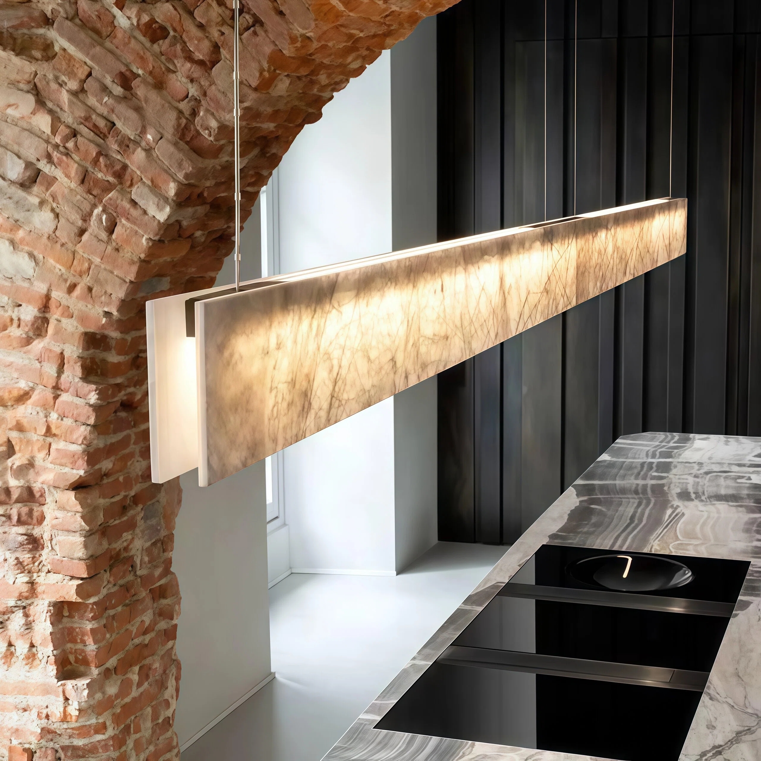 JYLIGHTING Modern Long Linear Marble Suspension Lamp, Metal‑Supported Pendant Light for Kitchen Counter, Restaurant and Luxury Residential Projects