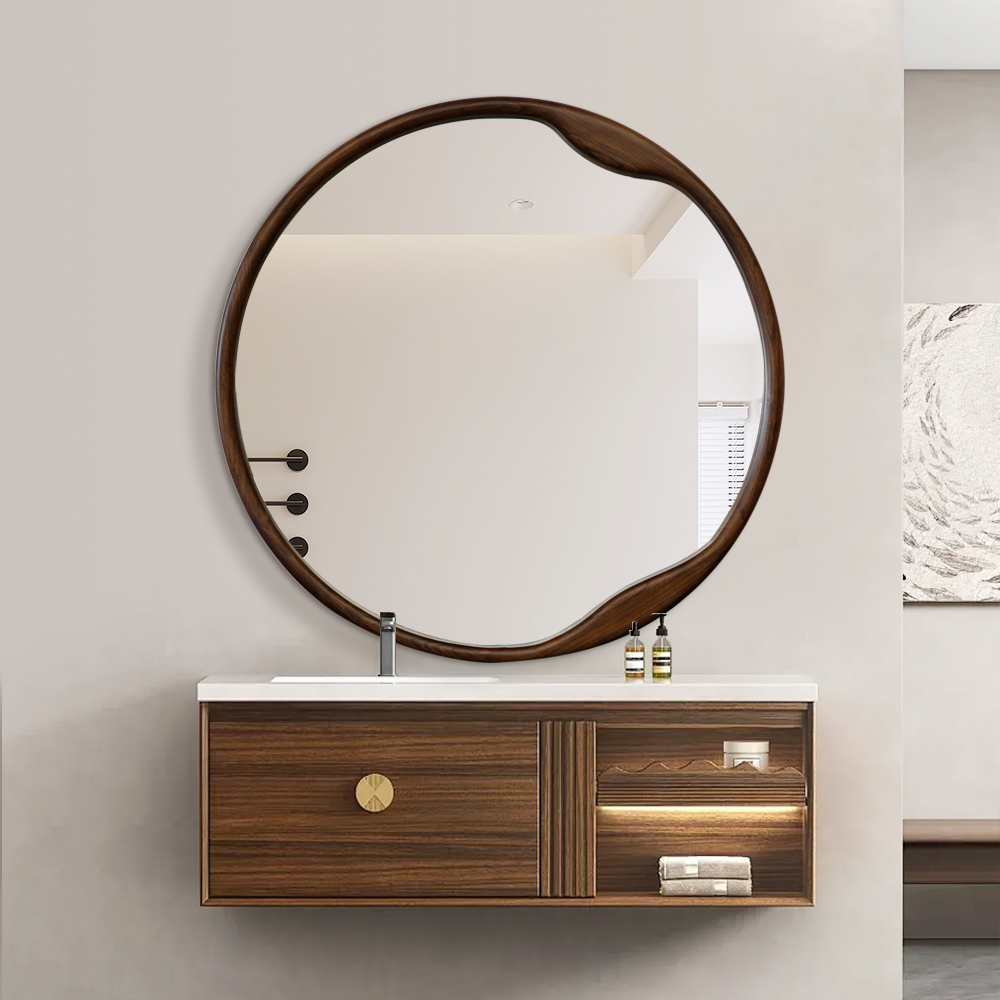 Irregular Round Wood Frame Wall Mounted Bathroom Vanity Mirror For Decoration