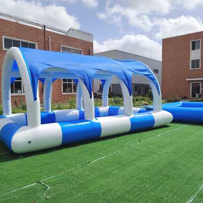 Blue and White Inflatable Covered Pool with Arched Sunshade Canopy Reinforced Airtight Frame and Custom Size for Outdoor Events