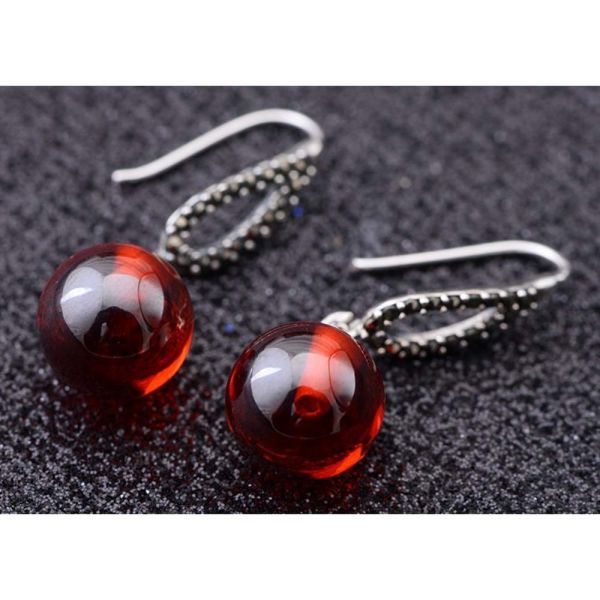 Thai Sterling Silver Marcasite Retro Earrings Synthetic Garnet Bead Drop Earring(053142)