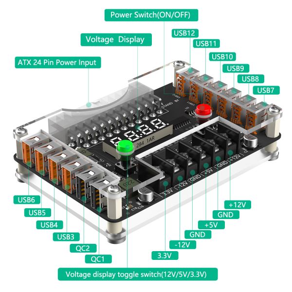 New Version ATX Power Supply Breakout Board with Acrylic Case Kit Featuring 3.3V, 5V, 12V, -12V Output and 12 Ports USB 2.0 Hub with 3A Maximum