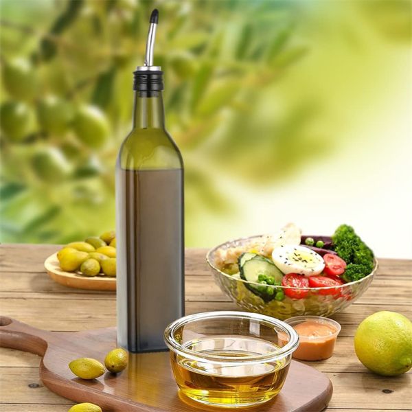 Glass Dark Green Kitchen Oil Bottle With Stainless Steel Spout Funnel Square 500ml 2pcs