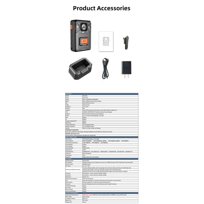 Portable 4G Body Worn Camera 2K Video 40MP Photo IP67 Waterproof IR Night Vision WIFI&GPS&BT Function Camera for Security Guard