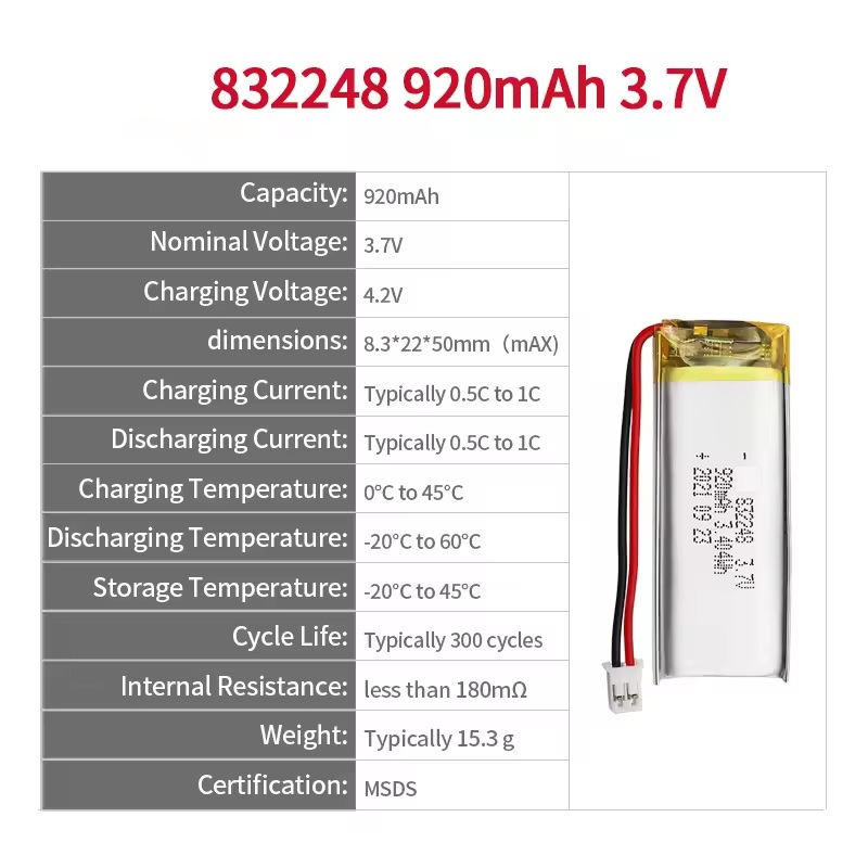 CB IEC62133 Утвержденный аккумуляторный пакет 832248 920mAh 3,7V KC Сертификат