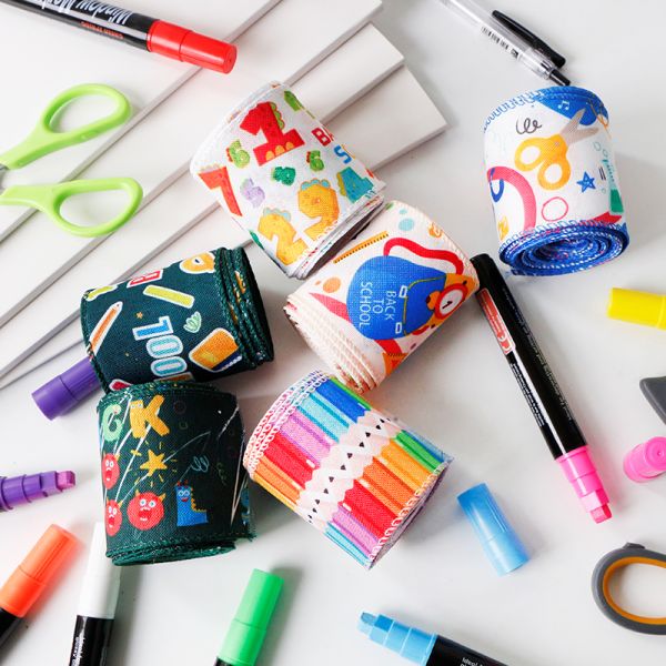 Jute/Polyester Wired Burlap Ribbon for School Season Blue Pot and Rainbow Print Design