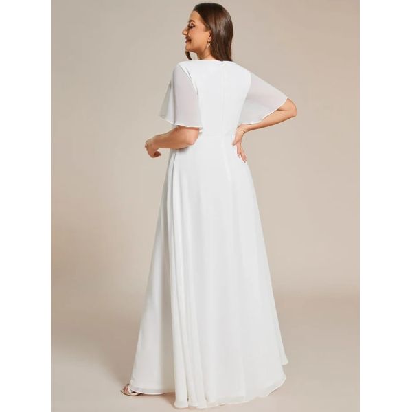 Empire Plus Size Applique Short Sleeve A-line V-neck Flutter Sleeves Invisible Zipper Cream Chiffon Prom Dress