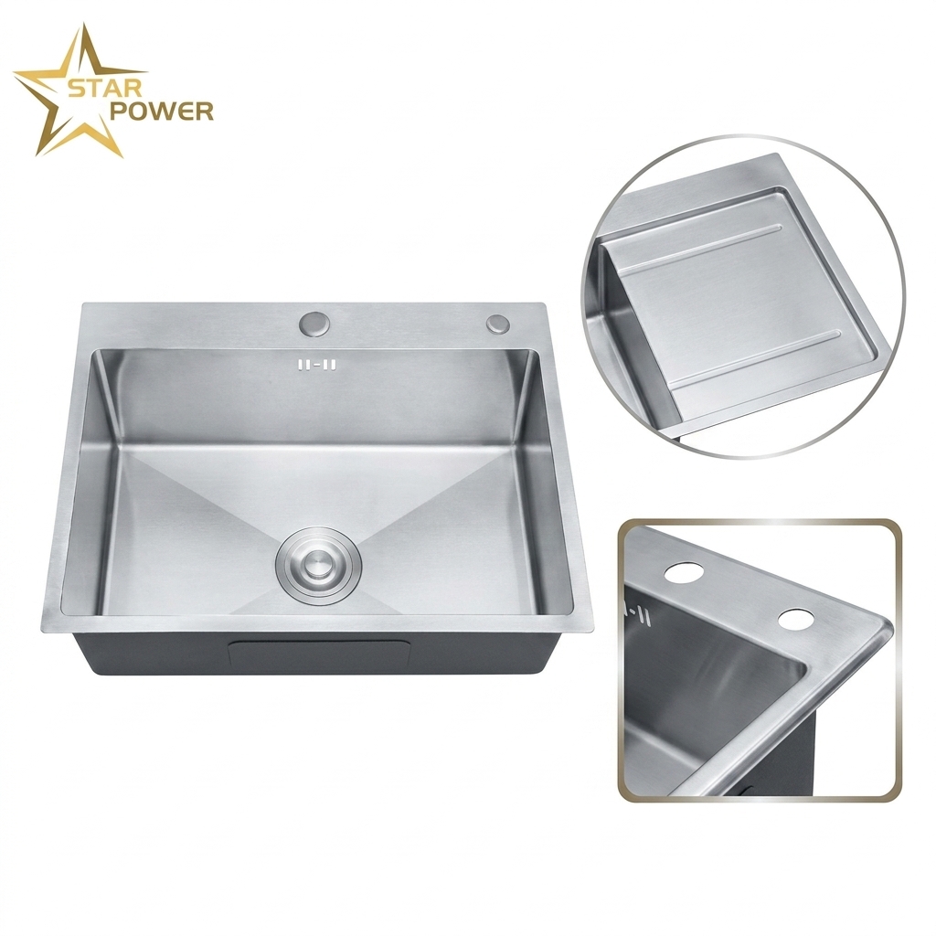 Brushed 304 Stainless Steel Drop-in Laundry Utility Kitchen Sink 25x22 Inch, Deep Basin, Built-in Drainboard Design