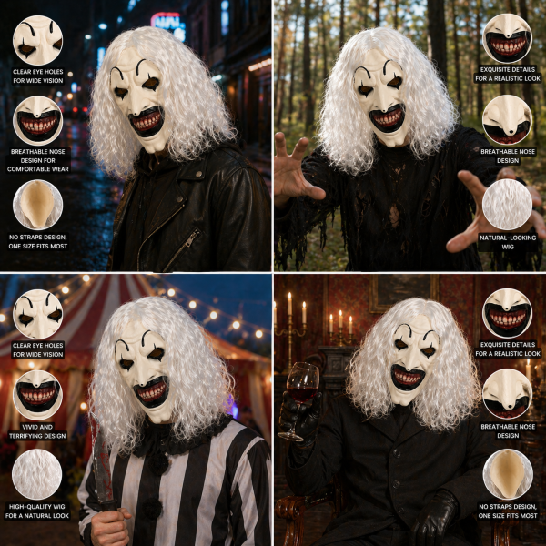 Sinister Gothic Horror Clown Latex Mask with Shaggy White Wig and Pointy Nose for Halloweeen Parties, Horror Enthusiasts