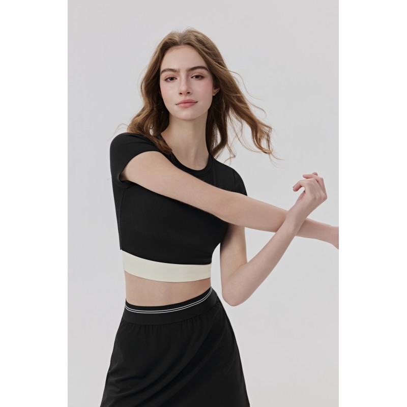 Mint Green Short Sleeve Cropped Workout Top with Contrast Band for Yoga and Fitness