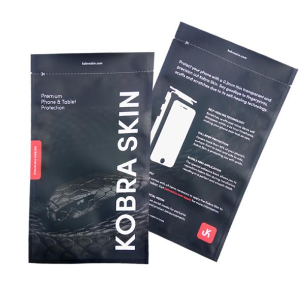 3 Side Heat Seal Aluminum Foil Black Plastic  Zipper Mylar Bag with tear Notches  for Phone case packing