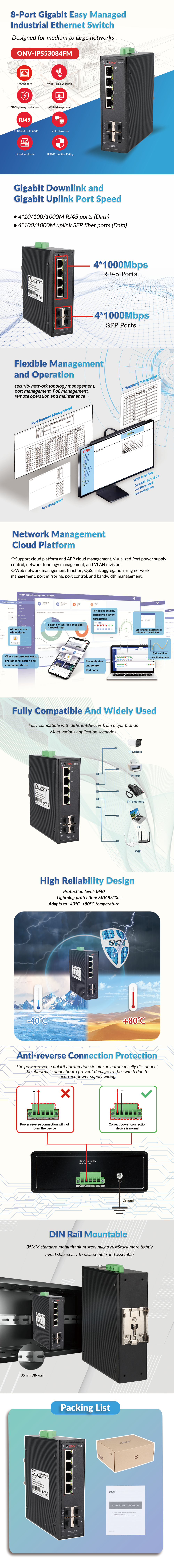 8 Port Gigabit Managed Industrial Ethernet Switch Fanless Cooling DIN Rail Mounting