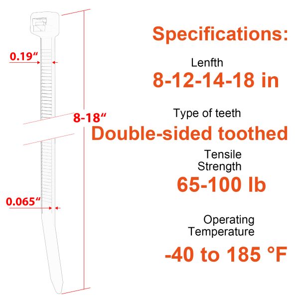 Double Sided Toothed Zip Ties Assorted Size 8+12+14+18 Inch ,100 LBS Tensile Strength Heavy Duty Cable Wire Ties With Self-Locking Adjustable More Durable Nylon Tie Wraps for Indoor Outdoor