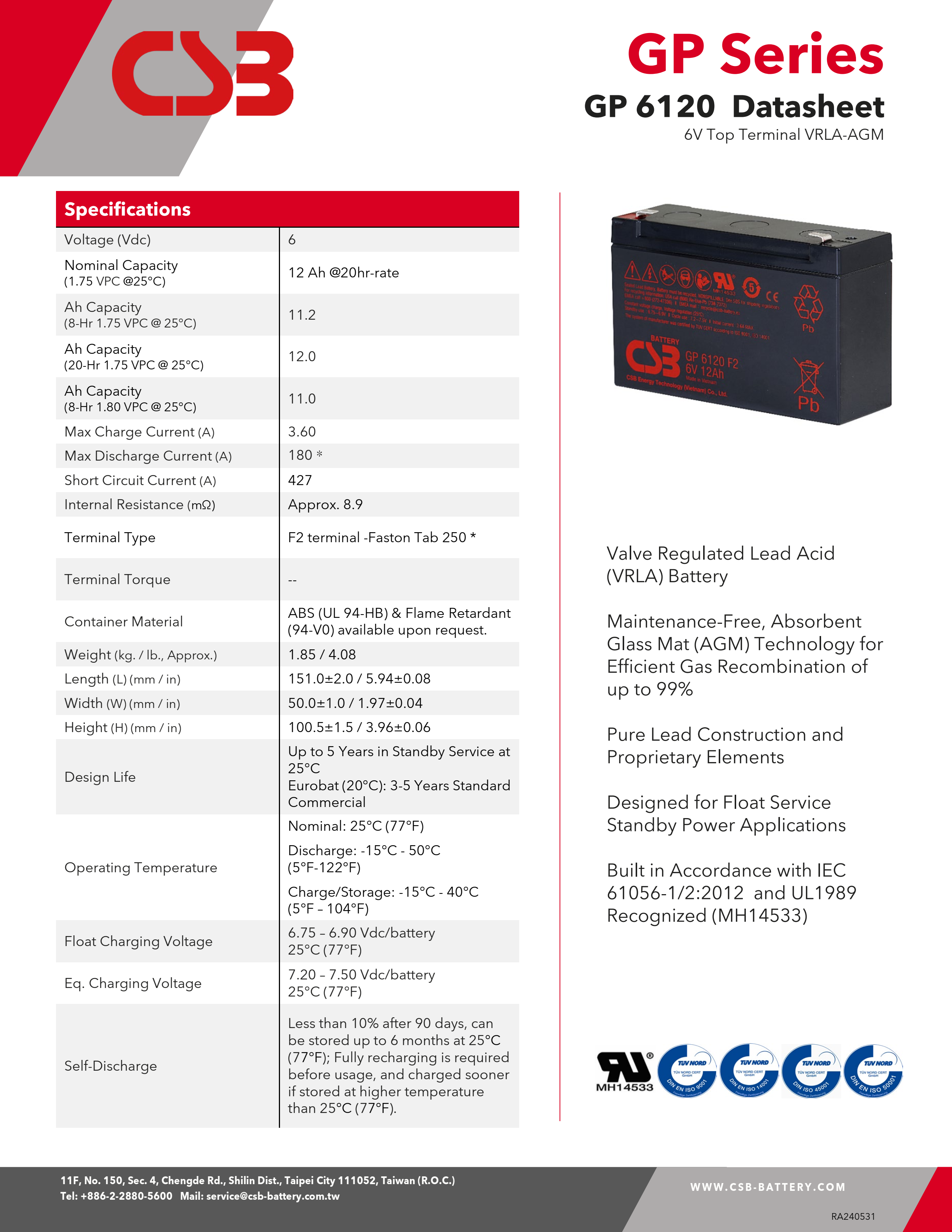 CSB GP6120 6V 12Ah Maintenance-Free Valve Regulated Lead Acid Battery