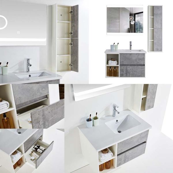Plywood Material 80cm Bathroom Cabinet With Led Mirror And Side Cabinet