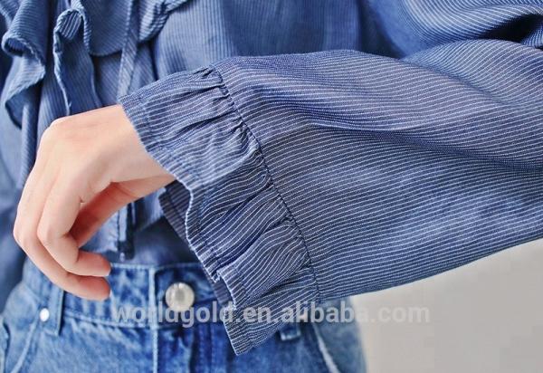 Breathable Young Ladies Long Ruffle Sleeves Tops Dark Blue Color Casual Style