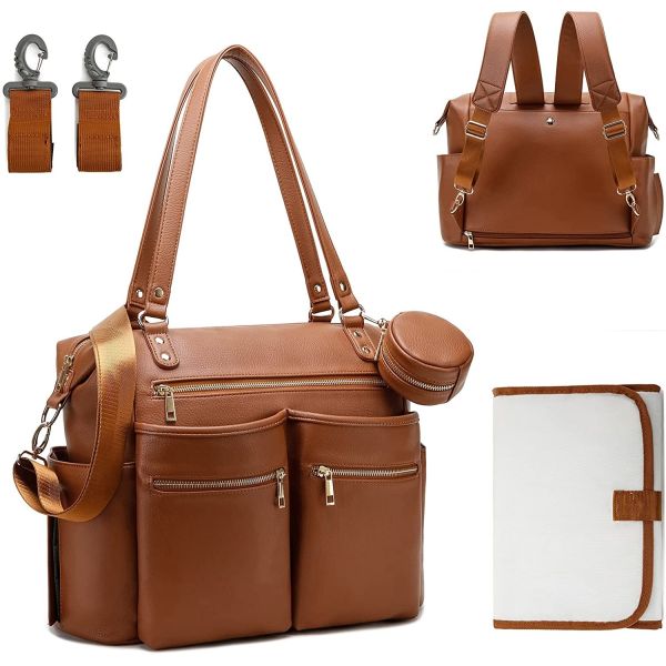 Papá Mamá Tote Bolso de pañales Mochila Mochila de cuero Pad de cambio 16.5 x 7 x 13.5 