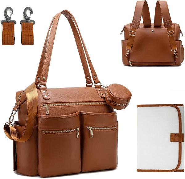 Dad Mommy Tote Diaper Bag Backpack Leather Backpack Changing Pad 16.5x7x13.5