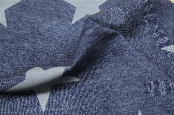 Blue Ripped Jeans Printed PU Leather With Five Stars 0.6mm For Jacket
