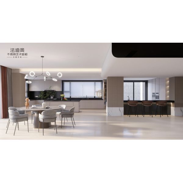 Elegant Grey Stainless Steel Kitchen Cabinet With Curved Island And Multiple Storage Solution