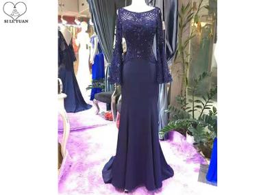 Top Backless Navy Blue Mermaid Dress / Sweep Train Prom Dress Long Horn Sleeve