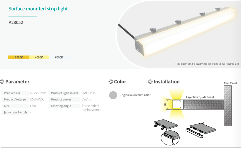 Custom Length Three Sided Under Cabinet High CRI 12/24V Surface Mounted LED Lighting