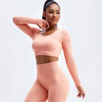 Conjunto de yoga femenino estirable Ropa sin costuras Running Top corto acanalado Leggings