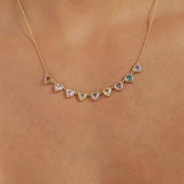 Gold Plated Handmade Heart-Shaped Sapphire & Cubic Zirconia Strand Necklace Elegant Party Jewelry for Women