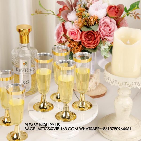 Gold Rim Plastic Champagne Glasses Perfect For Wedding, Thanksgiving Day, Christmas Champagne Flutes Disposable