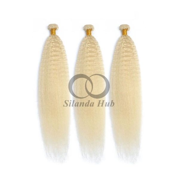 #613 Bleached Blonde Kinky Straight Remy Human Hair Bundles Sew In Weave Bundles Brazilian Bundle Deals