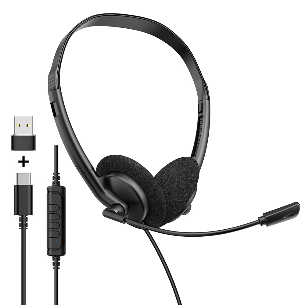 Lightweight wired telephone headset with ENC noise‑cancelling flexible boom microphone. Supports USB, Type‑C & 3.5mm jack, perfect for call centers, remote work, online meetings and classes，OEM & ODM