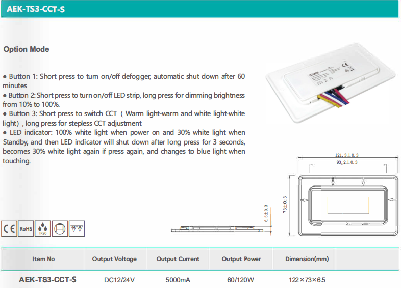 Multifunctional 3 Buttons Led Mirror Touch Switch With Dimmable Lighting CCT Temp Change Defogging