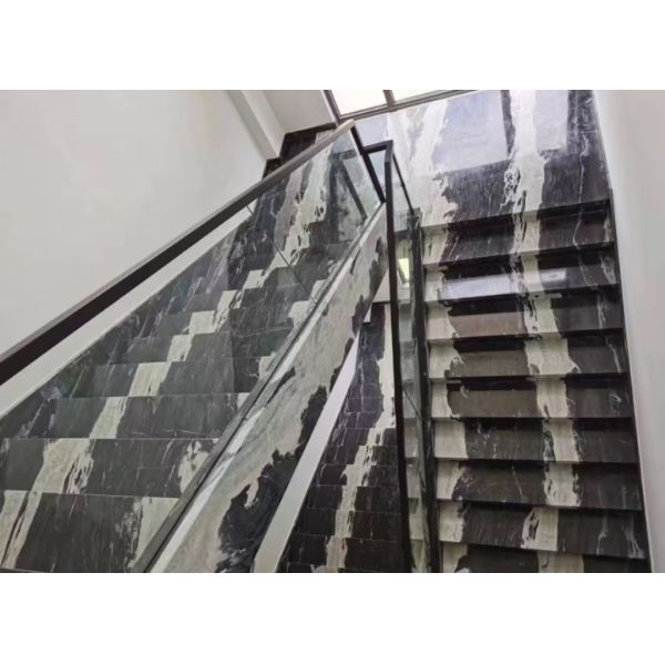 Calcite Marble Modern Staircase Design with Luxury Brazilian Cosmic Black Granite Slab