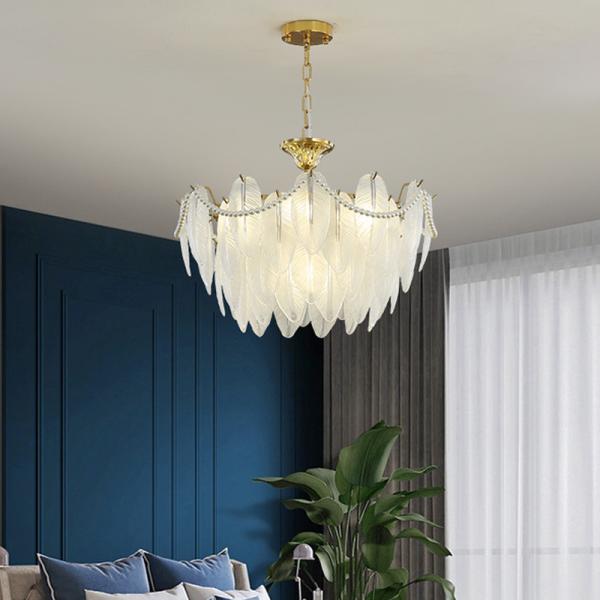 Modern Simple Pearl Feather Glass Chandelier Luxury Living Room Lamp Bedroom Dining Room White Chandelier(WHCY-253)