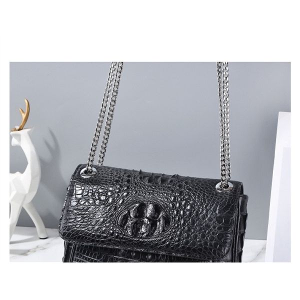 Exotic Genuine Crocodile Skin Silver Chain Lady Purse Real True Alligator Leather Women Purse Female Single Shoulder Bag